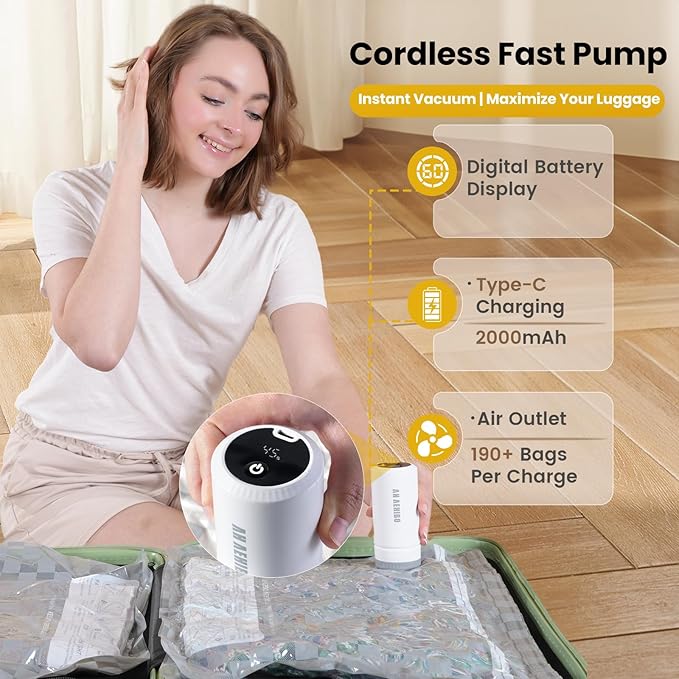 15 Pack Vacuum Storage Bags for Travel with Digital Display Air Pump,Carry-on Packing Bags for Luggage and Suitcase,Space Saver for Clothes