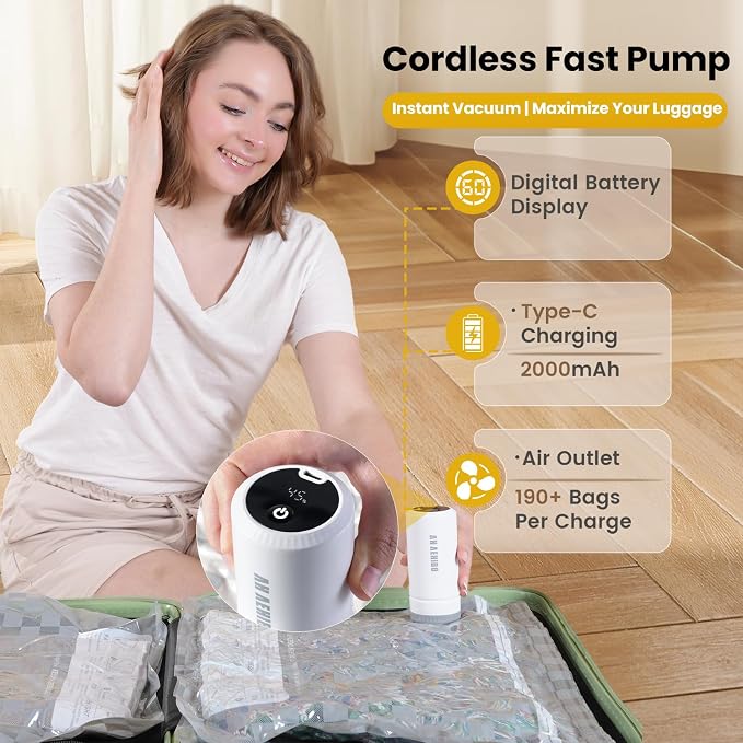 21 Pack Vacuum Storage Bags for Travel with Digital Display Air Pump,Carry-on Packing Bags for Luggage and Suitcase,Space Saver for Clothes