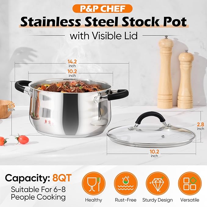 P&P CHEF 8 Quart Stainless Steel Stock Pot, Cooking Pot with Visible Lid | For Soup Pasta, Tri-Ply Bottom & Dual Heatproof Handles, For Induction Gas All Stoves, Non-Toxic & Dishwasher Safe