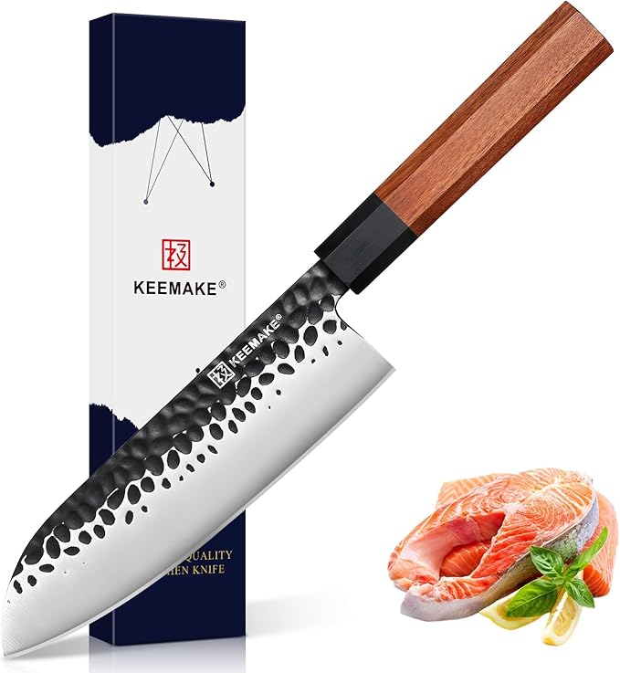 Santoku Knife 7 inch Japanese Chef Knife | 440C Stainless Steel Kitchen Knife, Porfessional Cooking Knife for Meat Cutting with G10 Bolster Octagonal Wood Handle