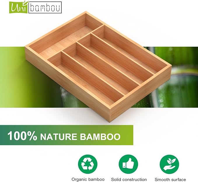 Unibambou Bamboo Silverware Drawer Tray, Kitchen Flatware Cutlery Organizer | 5 slots kitchen storage tray, Natural Bamboo Material, Perfect organizer for flatware cutlery utensils, 9.8"W x 13.8"D x 2"H