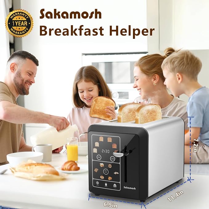 SAKAMOSH 2 Slice Touchscreen Toaster with Wide Slots for Bagels | 6 Browning Levels & 6 Bread Types, Wide Slots for Bagel, Memory Function, Defrost & Reheat & Cancel & Timer, Stainless Steel