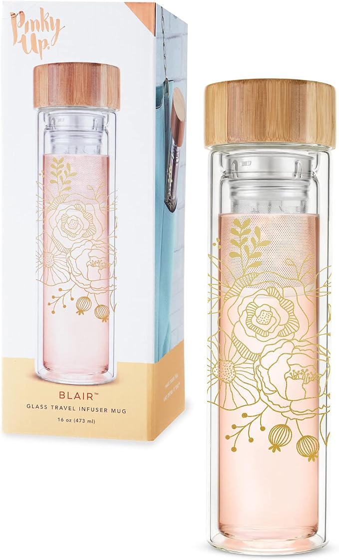 Pinky Up Blair Travel Infuser Mug, Double-Walled Glass, Stainless Steel Strainer, 16 Oz, Bouquet