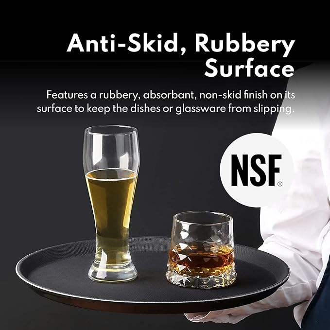 New Star Foodservice Restaurant Grade Non-Slip Serving Tray, 16 Inch Round Black Plastic Tray with Rubber-Lined Surface, Bar, Catering, Restaurant, and Foodservice Tray
