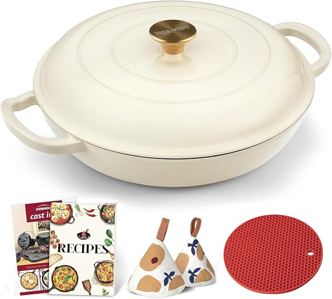 Overmont Enameled Cast Iron Dutch Oven - 3.8 QT Shallow Braiser with Recipe | Enameled Casserole with Lid Potholders, Oven Safe up to 500°F, Cast Iron Cookware for Grilling Searing Roasting Braising Bake