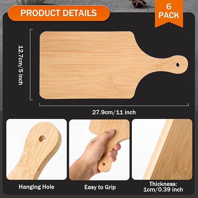 AWIZOM 6 Pcs Small Bamboo Cutting Board Bulk 11x5 Inch Personalized Wood Chopping Board Customized Laser Engraving Charcuterie Boards for Wedding Mother's Day Housewarming Present,0.39" Thick