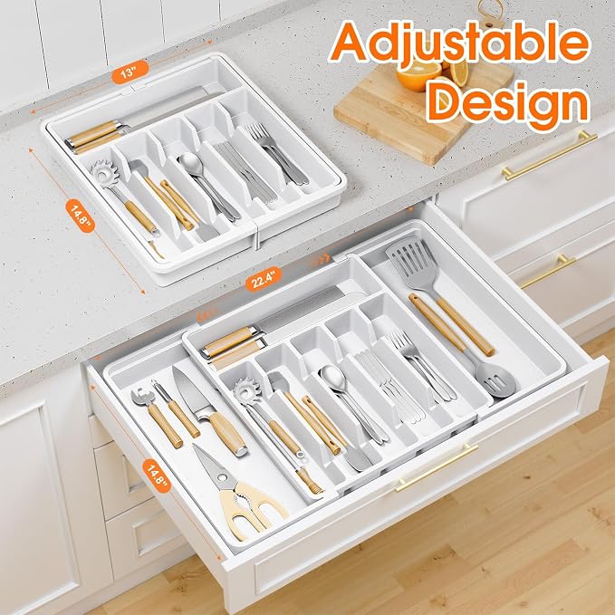 SpaceHacks Silverware Organizer，Adjustable & Expandable Drawer Organizer | Utensil Drawer Organizer, BPA Free Utensil Holder, Cutlery Tray for Forks, Spoons, Knives in Kitchen, Large, White