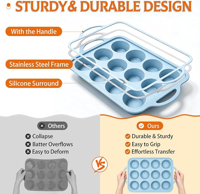 Silicone Muffin Pan, Metal Frame Regular Cupcake Pan Silicone Molds 12 Cups | 2.8 Inch, with Handle, BPA Free, Nonstick, Oven Dishwasher Safe, Food-Grade Silicone, Heat-resistant: -104°F to 446°F, 1 Pc