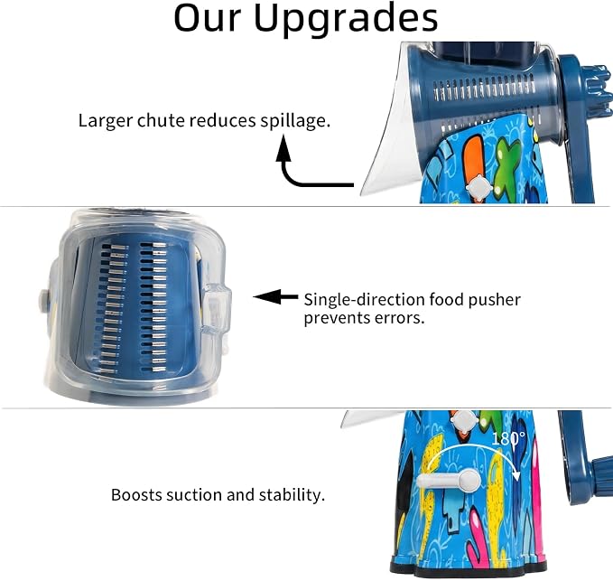 Upgrade Rotary Cheese Grater Shredder with Handle, Strong Suction Base, Multi-purpose Rotary Grater Slicer with 5 Interchangeable Blades for Ice, Vegetables, Fruit, Nuts with Blade Storage Box