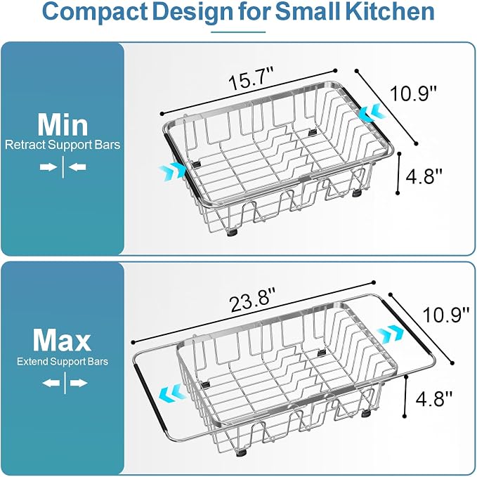 Dish Drying Rack Over the Sink - Expandable Stainless Steel Drainer | Twist-Lock Adjustable Handle, Cup Hooks, Utensil Holder, Compact Design for Apartments, RVs & Small Kitchens, Rust-Resistant