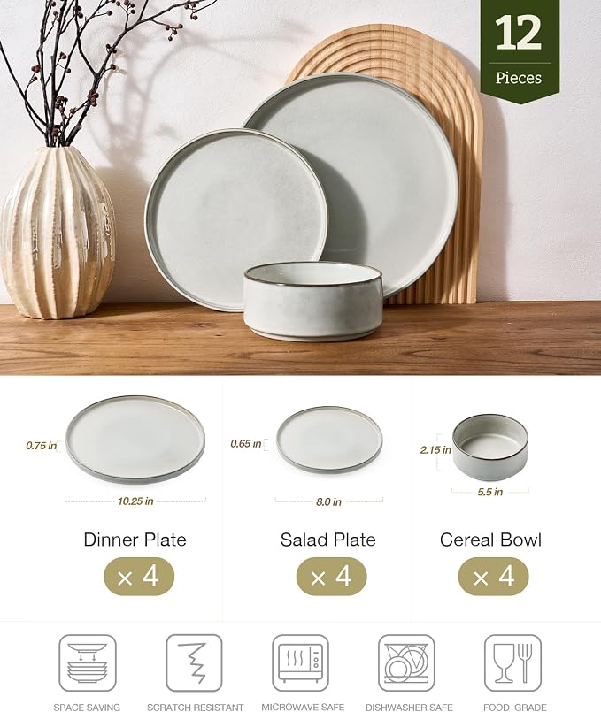 Famiware Annecy 12-Piece Stoneware Dinnerware Set, Grey White | Stoneware Plates and Bowls for 4, Handmade Reactive Glaze, Microwave & Dishwasher Safe, Chip & Scratch Resistant