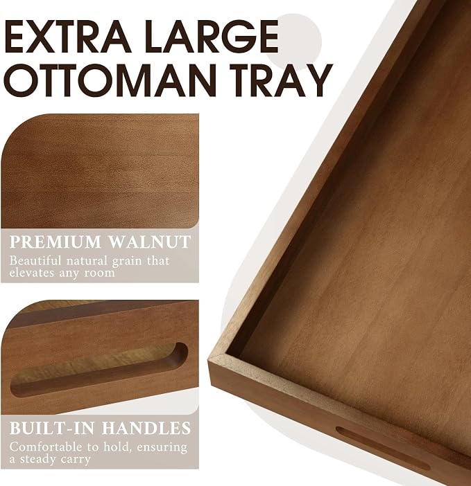 Extra Large Ottoman Tray, 24" Square Black Walnut Wood Serving Tray | Farmhouse Wooden Decorative Tray with Handles, Oversized Coffee Table Tray, Serving Platter Tray for Living Room, Countertop