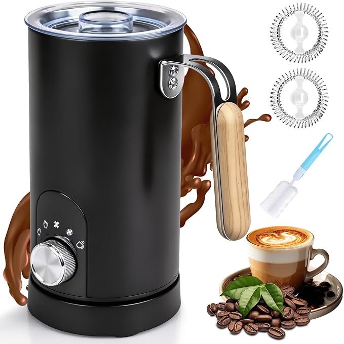 5-in-1 Electric Milk Frother and Steamer, Automatic Milk Foamer Hot Chocolate Maker with Wood Grain Handle, 11.8oz Milk Warmer and Heater for Latte, Cappuccino, Hot Cocoa Maker, Frother for Coffee
