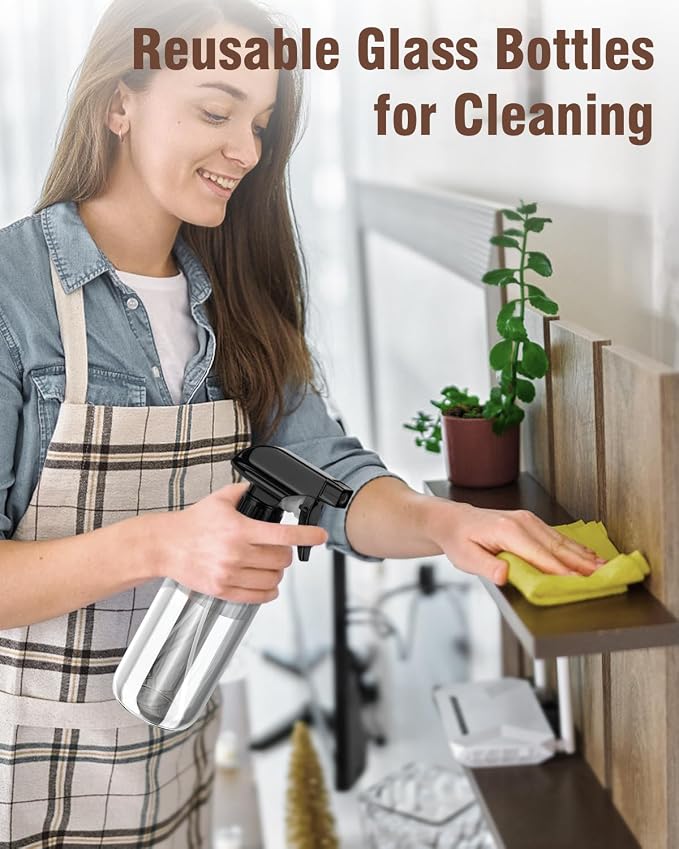 Bontip Glass Spray Bottle 8 oz for Cleaning, Plants (2 Pack, Transparent) | Refillable spray bottle Set, BPA-free eco glass, With labels and funnel, Great for cleaners, plant misting, hair care