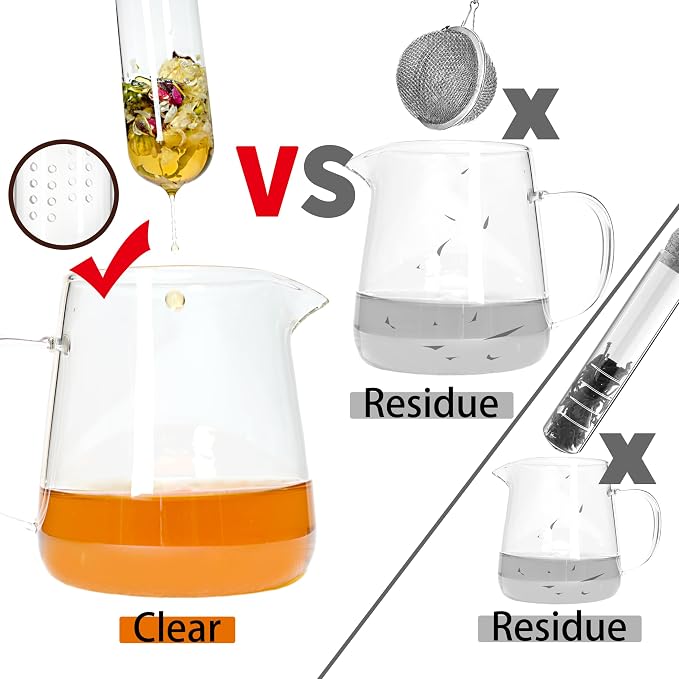 2 PCS Glass Loose Tea Infuser with Cork Lid Spoon Brush | Fine round filter holes, leaf-proof, reusable glass infuser, cork lid, tea spoon, cleaning brush, easy clean
