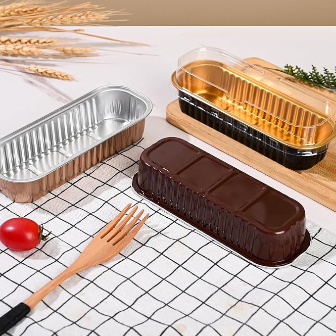 Findful Mini Loaf Baking Pans with Lids And Spoons (100 Pack, 6.8oz) Rectangle Aluminum Foil Baking Pans Tins Containers - Cupcake Containers Wrappers Cheesecake Creme Brulee Ramekins