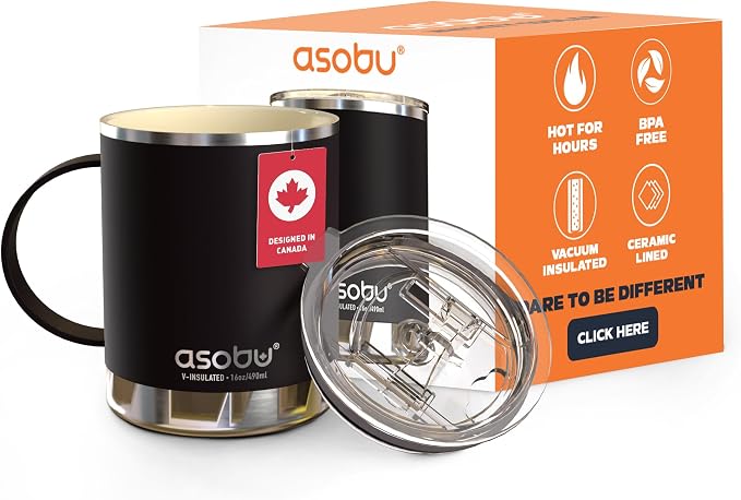 asobu Ultimate Ceramic Travel Mug, 12oz Insulated Stainless Steel Coffee Cup with Handle & Splash-Resistant Lid, Ceramic Lined for Pure Taste, BPA-Free, Double-Wall Vacuum for Hot Drinks