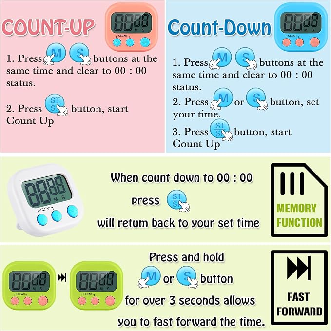 Xuhal 100 Pieces Digital Kitchen Timer Bulk, Small Magnetic Timers for Classroom, Digits Stopwatch Clock Timer for Cooking Baking Sports Games Office, Not Including Battery (Multicolor)