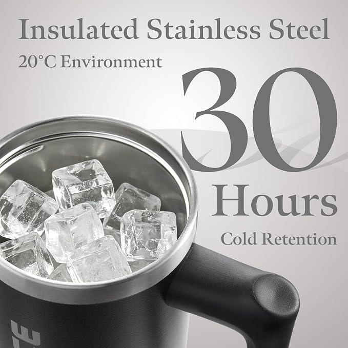 100% Leakproof Iced Travel Coffee Tumbler with Lid and Handle 30 oz Black Flip Straw Water Bottle for adults Dishwasher Safe Insulated Stainless Steel Water Cup for Car Office Black