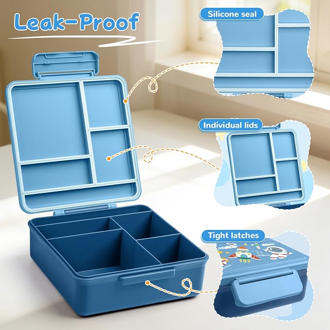 REDSHELL Kids Bento Lunch Box Set, Insulated Lunch Bag for Boys, Dark Blue | Toddler 5-Compartment Lunchbox, Leakproof Food Jar, Snack Container, School Daycare, Bottle Holder, Adjustable Shoulder Strap