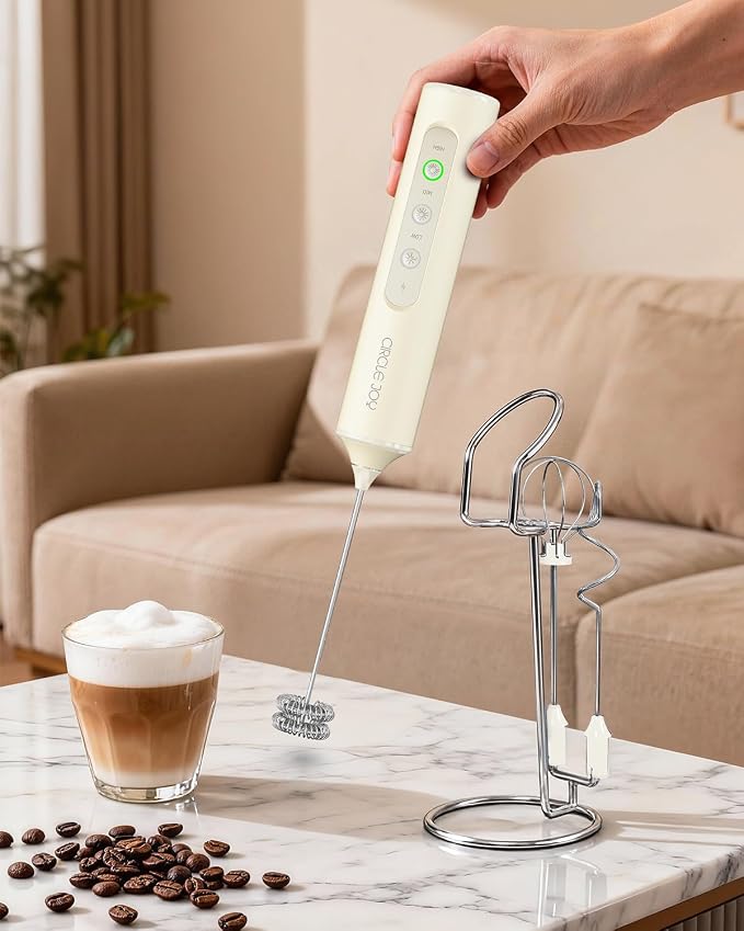 CIRCLE JOY Rechargeable Handheld Milk Frother Wand with Stand, 3 Variable Speeds, 3 Whisks and Storage Box, Electric Drink Mixer for Latte, Cappuccino, Hot Chocolate, Eggs and Protein Powder, Beige