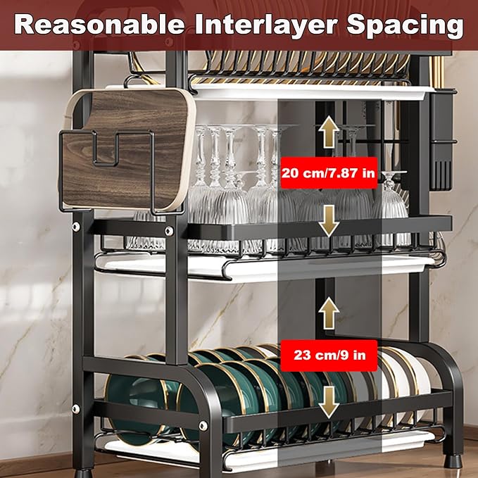 Dish Drying Rack,Dish Racks Drainer,Keep Kitchen Sink Shlef Organized | Over The Sink Dish Drainer Drying Rack 3 Tier with Drain Tray,Chopsticks Rack,Knife Holder