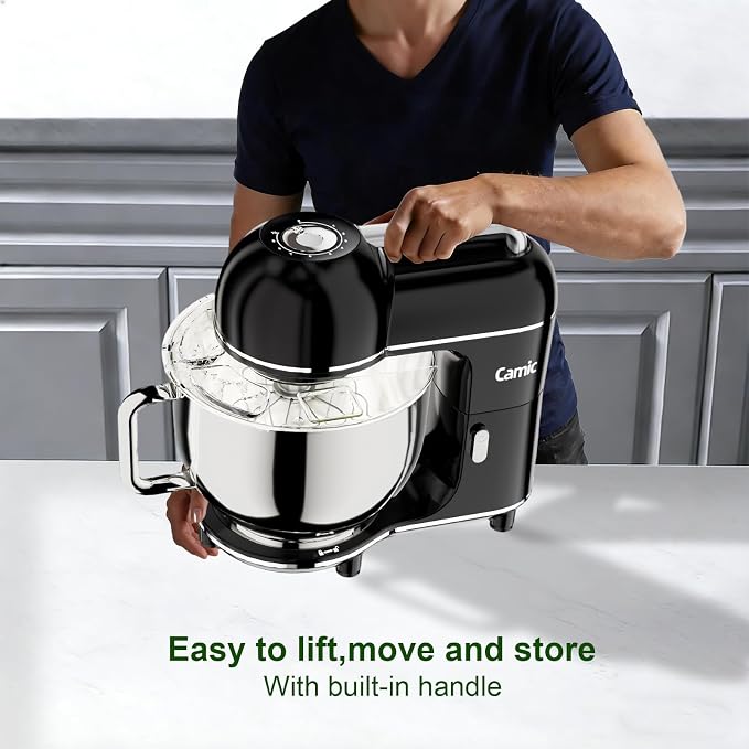 Camic Electric Stand Mixer,7.45 QT,10 Speeds with Dough Hook,Whisk, Flat Beater Attachments, Splash Guard, Easy-Carry Top Handle,3-IN-1 Kitchen Mixer for Baking Cakes Cookie Bread Salad (Black)