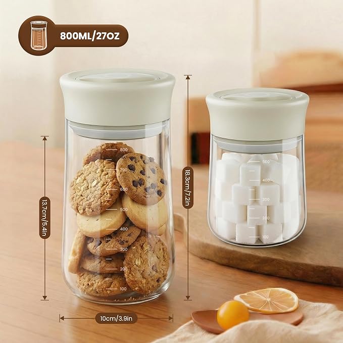 Airtight Glass Storage Jar 27 oz, Easy Open 1/4-Turn Lid Coffee Container | Easy-Open Quarter-Turn Lid, Airtight, Food Grade, Transparency, with Scale