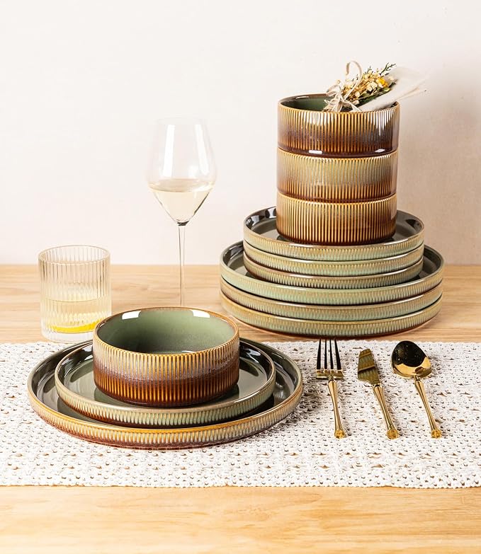 Ceramic Dinnerware Set for 4, 12-Piece Plates and Bowls Set | Lightweight Porcelain Dish Set, Scratch Resistant, Oven & Microwave & Dishwasher Safe, Sage Umber