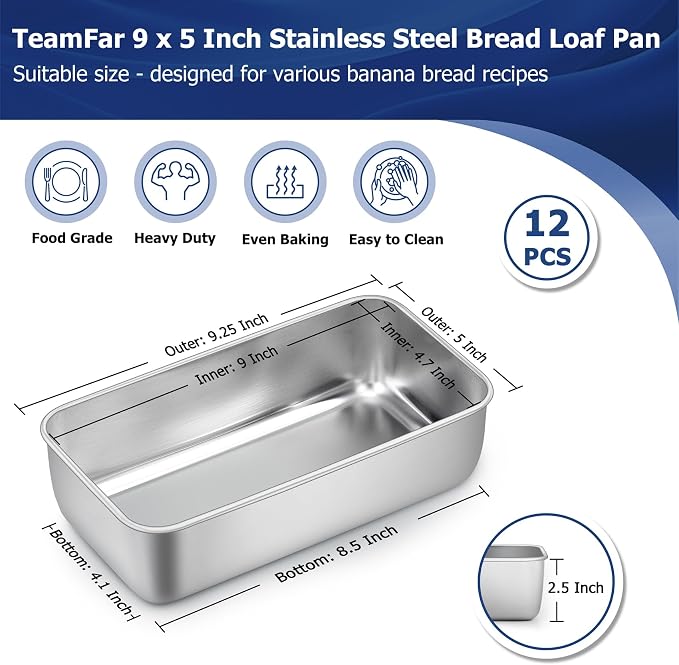 TeamFar Loaf Pans for Baking, 9 x 5 Inch Stainless Steel Loaf Bread Pans | Bread Pans Tins for Homemade Bread/Brownies, Healthy & Sturdy, Oven & Dishwasher Safe - Set of 12
