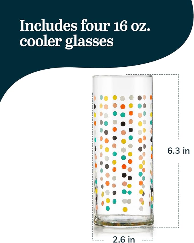 Libbey Vintage Dots Drinking Glasses Set of 4, Colorful, Retro Polka Dot Design Glass Cups Set, Dishwasher Safe Water Glasses Set for Beverages