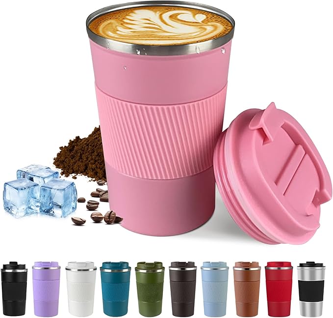 Stainless Steel Travel Coffee Mug with Lid, Vacuum Insulated Leak Proof Cup | Double wall vacuum insulation keeps drinks hot or cold for hours. Leak proof lid and non-slip grip for travel, office and car