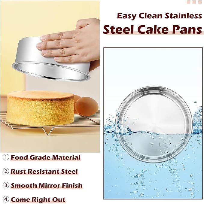 LIANYU 6 Inch Cake Baking Pan Set of 4, Stainless Steel Round Cake Bake Pan | Fit in Pot Pressure Cooker Air Fryer, Healthy & Toxic Free, Leak-proof & Dishwasher Safe, No Coating Metal Baking Pan
