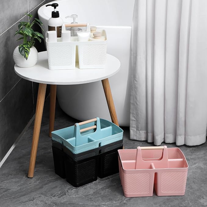 rejomiik Portable Plastic Shower Caddy with Bamboo Handle, Grey | Cleaning Caddy Organizer for Bathroom, College Dorm Room Essentials, Storage Tote