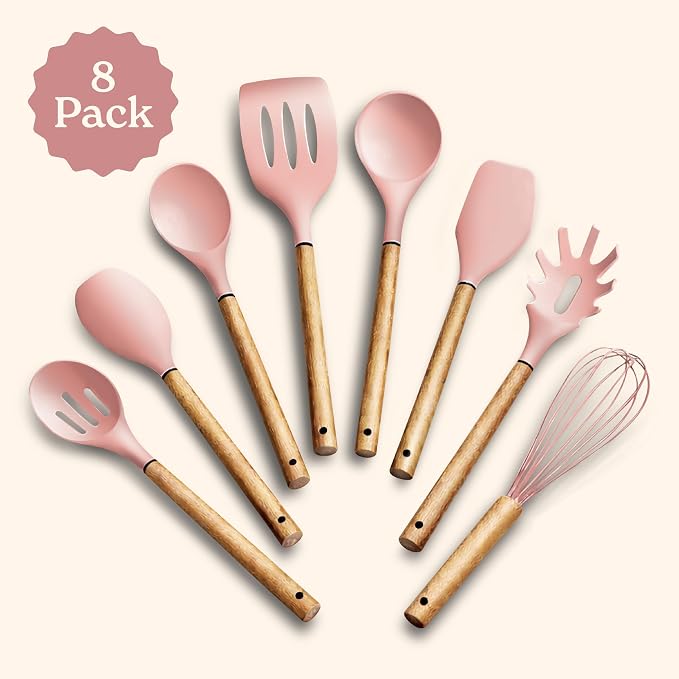 Country Kitchen Non Stick Silicone Utensil Set with Rounded Wood Handles for Cooking and Baking, 8 Piece Set, Pink