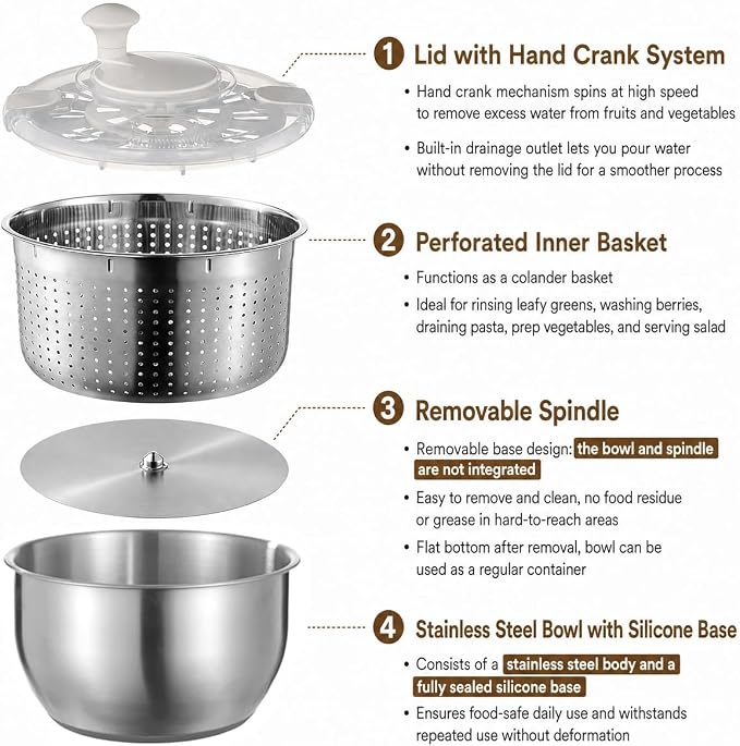 6L Stainless Steel Salad Spinner Set with Grater and Food Clip | Metal Salad Spinner, Fruit Vegetable Dryer with Built-in Drain Spout for Dehydrating Fruit and Vegetable, Pasta