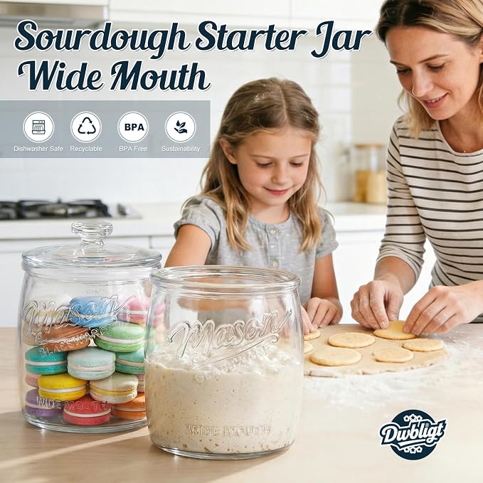Cookie Jar with Airtight Lids, Half Gallon Glass Jar 1 Pack | 64 Oz Wide Mouth Mason Jar, Sourdough Starter Jar, for Kitchen Pantry & Laundry Room Storage, for Candy, Flour, Dog Treats
