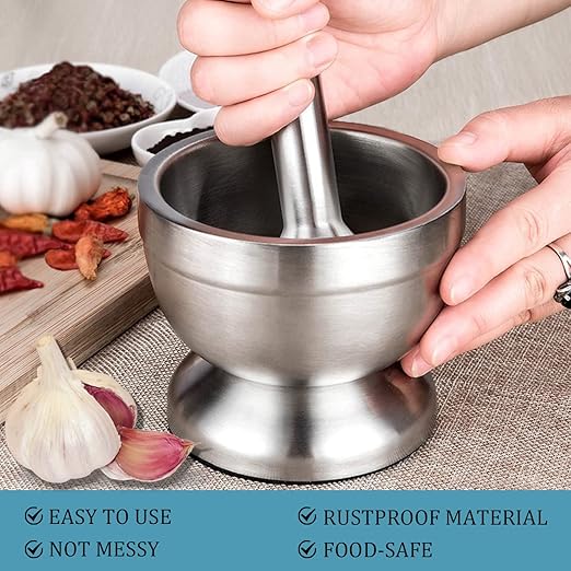 KEISSCO Stainless Steel Mortar and Pestle Set, Spices Grinder Pill Crusher with Silicone Protective Lid - Heavy Duty Mortar Pestle for Molcajete Herb Bowl, Pesto Powder, Spices Herbs Grinder