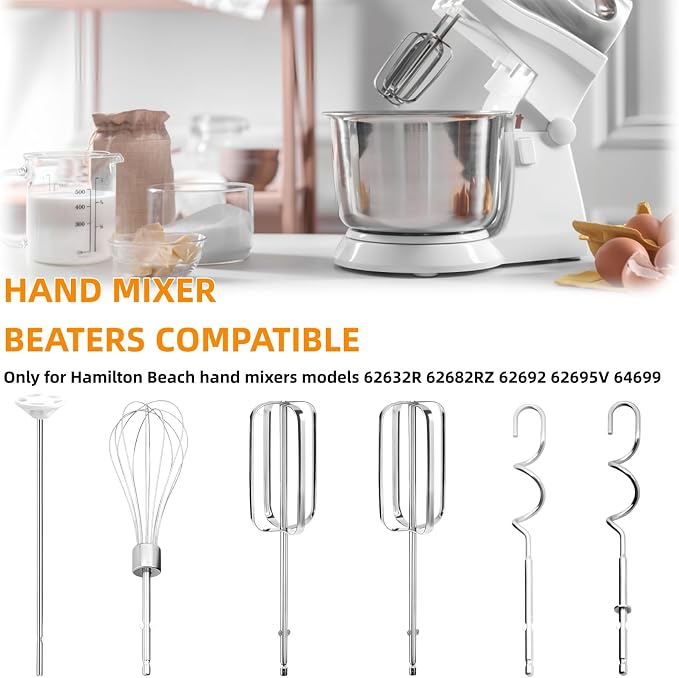6-Pack Hand Mixer Beater Attachments for Hamilton Beach Mixers | Fits 62632R, 62682RZ, 62692, 62695V and 64699; includes dough hooks, whisk and blending rods for versatile mixing