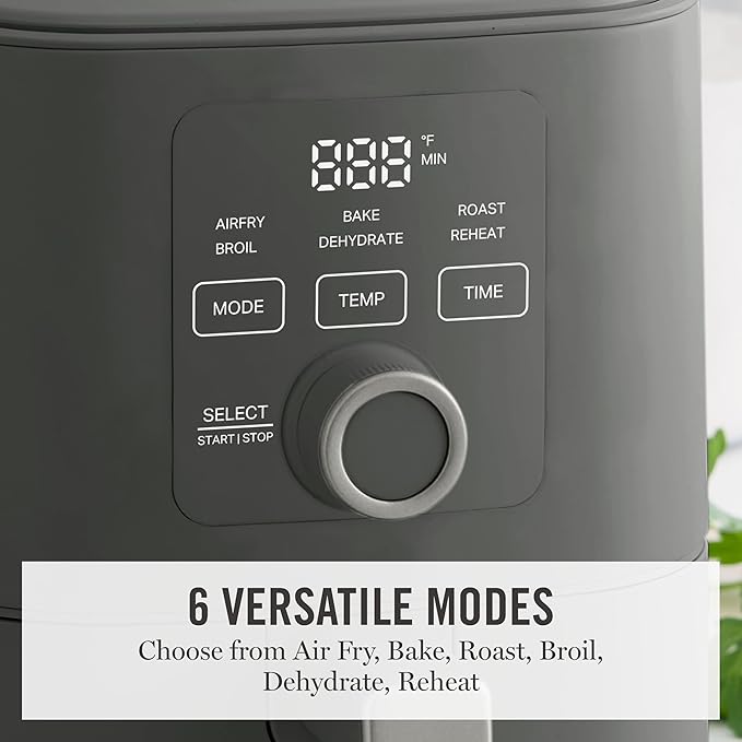 Martha Stewart 6-Quart Air Fryer, 6 Presets, Space Saving, Caviar Gray | 3lb Capacity, PFAS-Free Ceramic Nonstick Basket & Tray, Bake, Roast, Broil, Dehydrate, Reheat, Shake Reminder, Heat up to 400