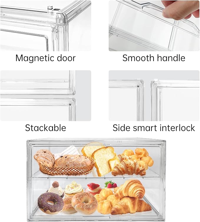 BOHOIDEE Extra Large 19.7"X14.6"X11.6" Clear Bread Box for Kitchen Counter, Acrylic Pastry Display Case Stackable Storage Container Plastic Bakery Display Case with Magnetic Door