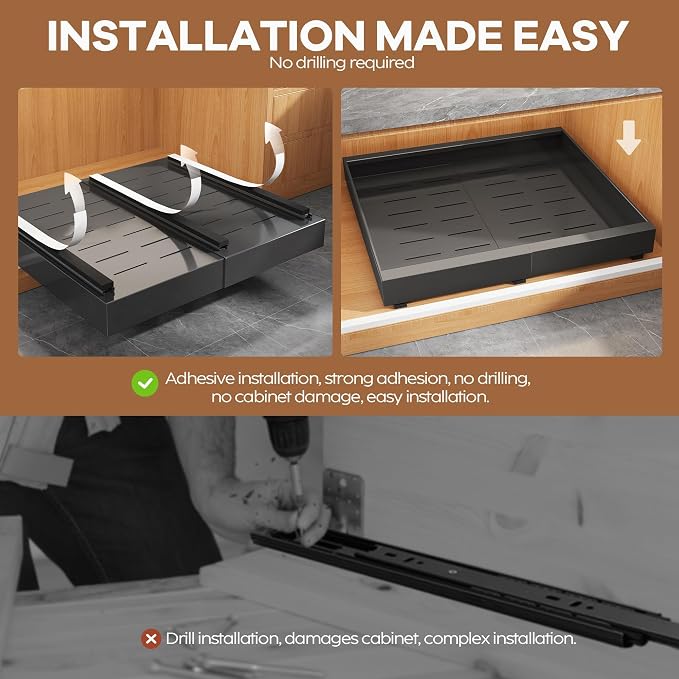 Seinloes 4 Pack Expandable Pull Out Cabinet Organizer 21"Deep With Raising Pad for Framed Cabinets,Upgrade 3 Slide Rails Slide Out Drawers,Roll Out Shelves Adhesive,Adjustable Width 15.15"-26.3" Black