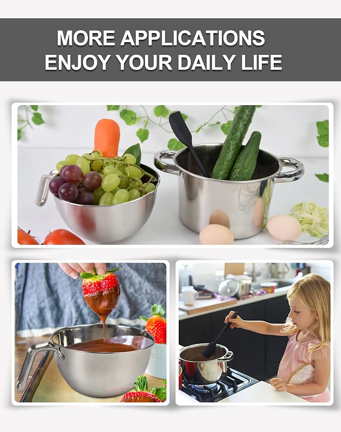1.1QT Double Boiler Chocolate Melting Pot with 2QT 304 Stainless Steel Pot | 304 food-grade steel, rust-proof. Melt chocolate, butter, candy, wax, soap. Stovetop safe, Dishwasher safe