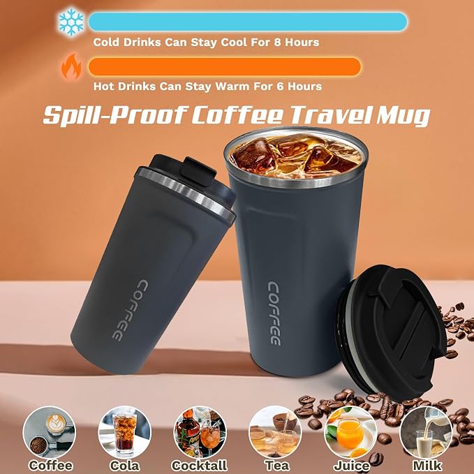 SPLMIFA Travel Coffee Mugs Leak-Proof, Reusable Coffee Cups with Lids, Stainless Steel Vacuum Insulated Coffee Tumblers, Thermal Insulation Cups for Men and Women Hot & Cold Drinks(2nd-Blue, 17OZ)