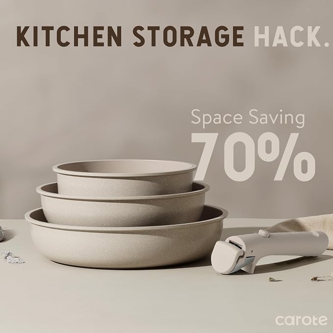 CAROTE 19pcs Pots and Pans Set Non Stick, Detachable Handle Cookware Sets | Ultra Nonstick, Space Saving, Dishwasher & Oven Safe, Non-Toxic Kitchen/Apartment/Camping/RV/ Traveling, Taupe