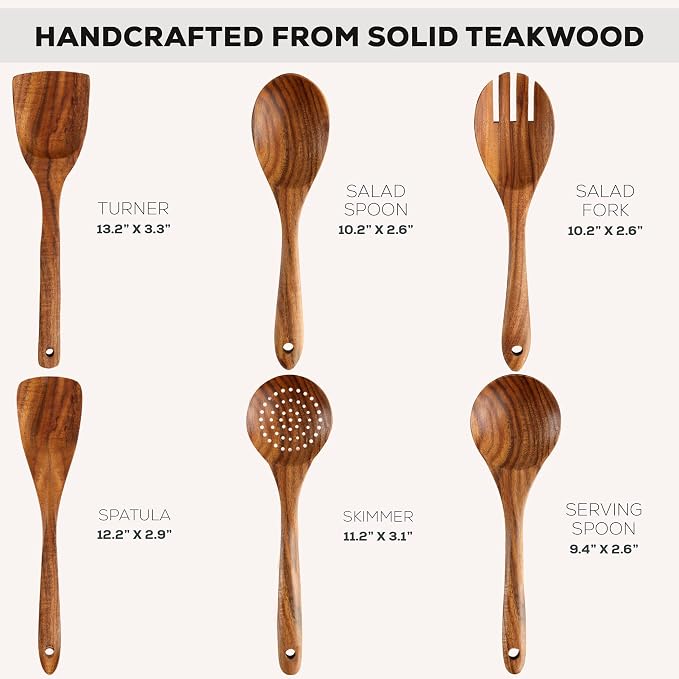 Zulay Kitchen 6 Piece Wooden Spoons for Cooking – Natural Teak Wooden Utensil Set, Easy to Clean, Durable, Smooth with Comfort Grip - Non Toxic Wooden Cooking Utensil Sets