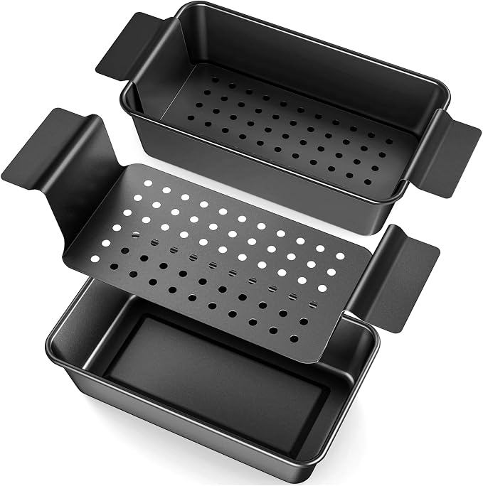 TLAZZ 2 Pack Meatloaf Pan with Drain Tray for Pound Cake Bacon Meatloaf | 9.4 x 5.5 Inch Non Stick Meat Loaf Pan features wide handles with a removable perforated drain tray for any kitchen