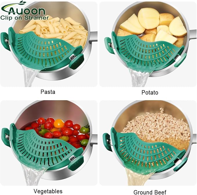AUOON Pot Strainer Clip on Silicone, Large 10.45 x 4.33 in, Sea Blue | Fits Pots Pans Bowls, Dishwasher Safe, for Pasta Noodles Vegetable Fruits, Space-saving Kitchen Gadget