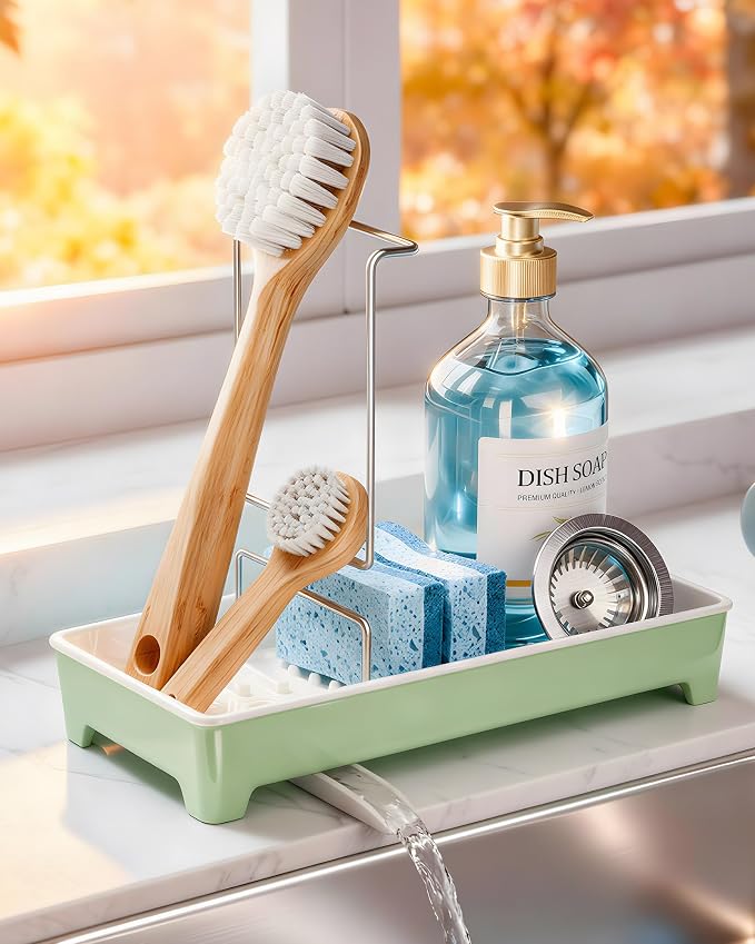 Minimalist Sink Caddy, Rustproof Sponge Holder for Kitchen Sink Green | Large Rustproof countertop organizer with 304 stainless steel brush holder, raised ridges and silicone drain tube