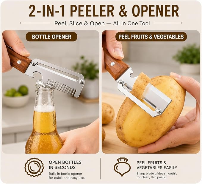 Multifunctional Vegetable Peeler,Carrot Fruit and Potato Peeler Knife, Easy-Clean Heavy Duty Stainless Steel 3-In-1 Kitchen Gadgets with Scallion Shredder and Bottle Opener, 2 Pack